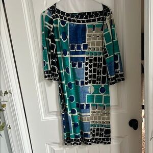 Geometric Print Dress in Blue and Green